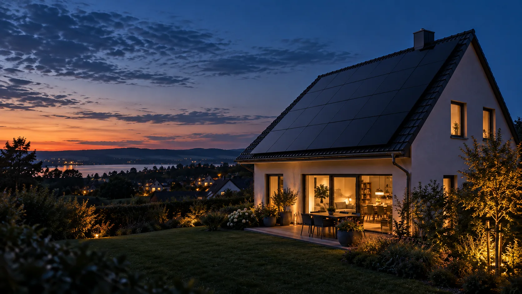 Architekturvisualisierung eines Einfamilienhauses mit schwarzer Photovoltaikanlage in der Abenddämmerung