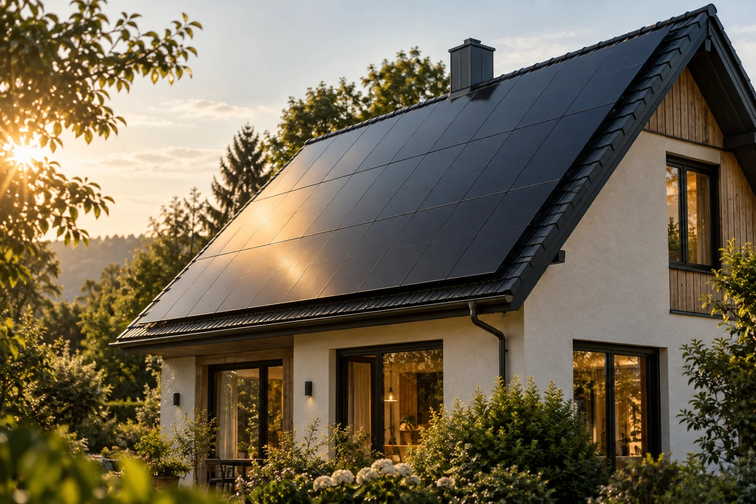 Architekturvisualisierung eines Hauses mit Solardach im Sonnenlicht